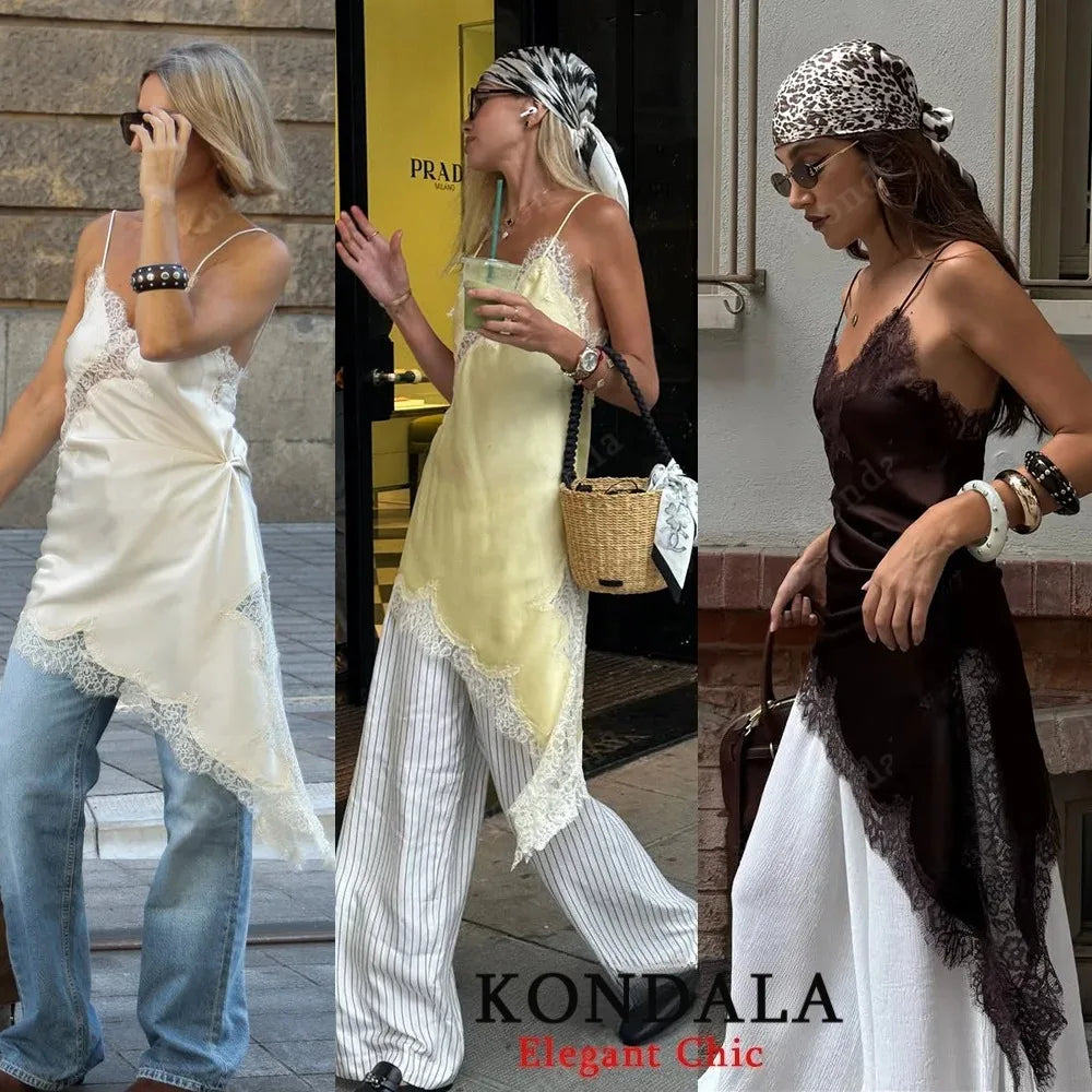 KONDALA Women Sexy High Street Lace Cami Short Dress Asymmetrical Dress 2025 Spring Autumn Fashion Party Dinner Date Mujer Dress