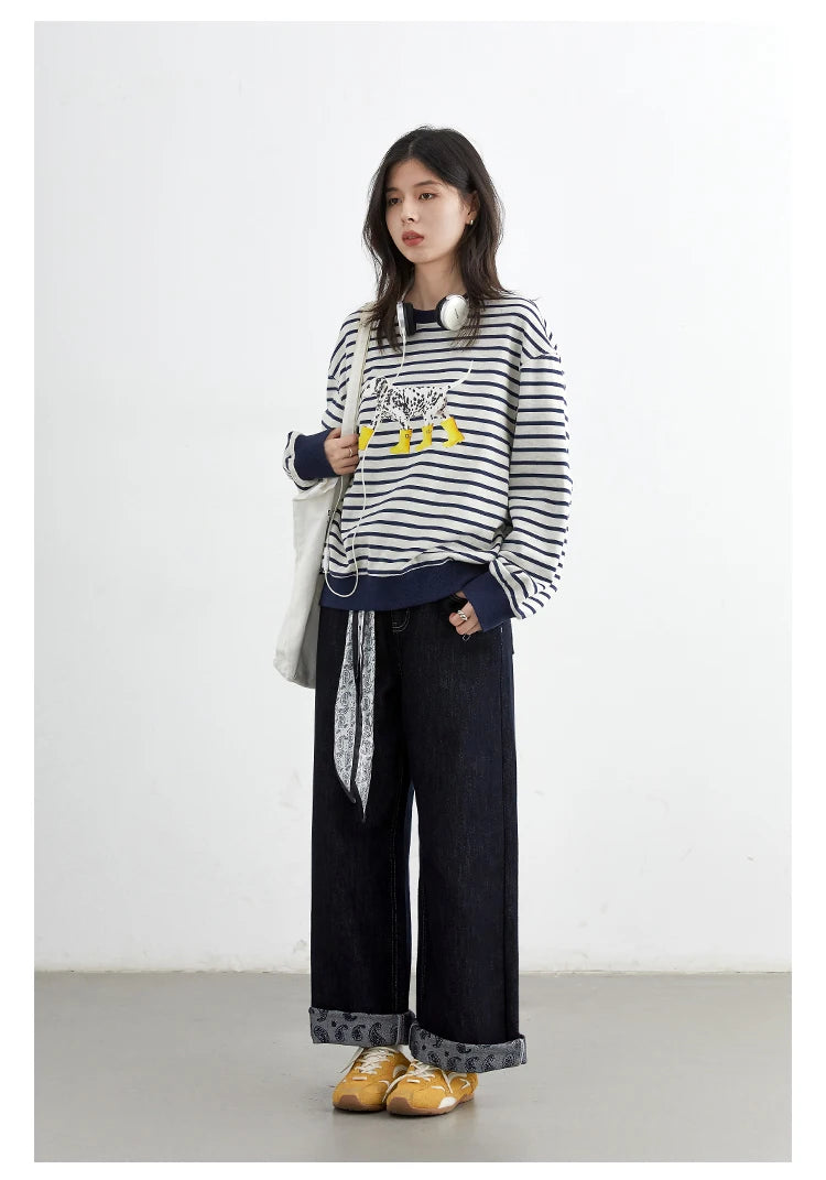 CHIC VEN New Women T-Shirts Loose Casual Round Neck Striped Dog Print Long Sleeved Female Tees Pullover Autumn Winter 2025