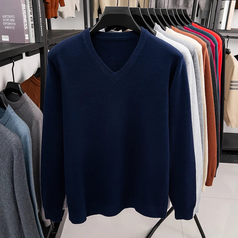 2026 Men's V-Neck Basic Solid Color Sweatshirt Warm Autumn Knitted Oversize Pullover Elastic round Neck Sweater for Casual Wear BAZAARHUBO