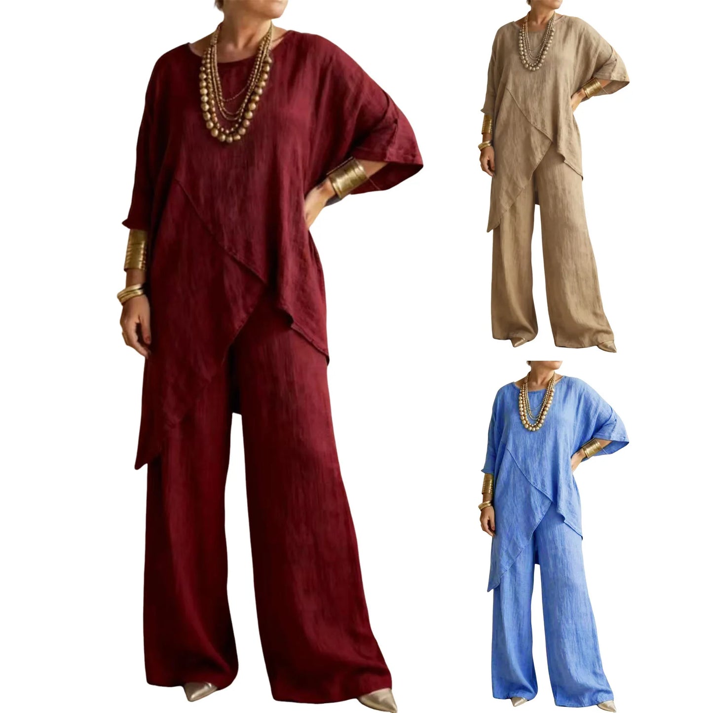 Women's Cotton Linen 2-piece Sets Large Size Casual Wear Sportswear Suit Short-Sleeved O-Neck Top Wide Leg Pants Suits For Women