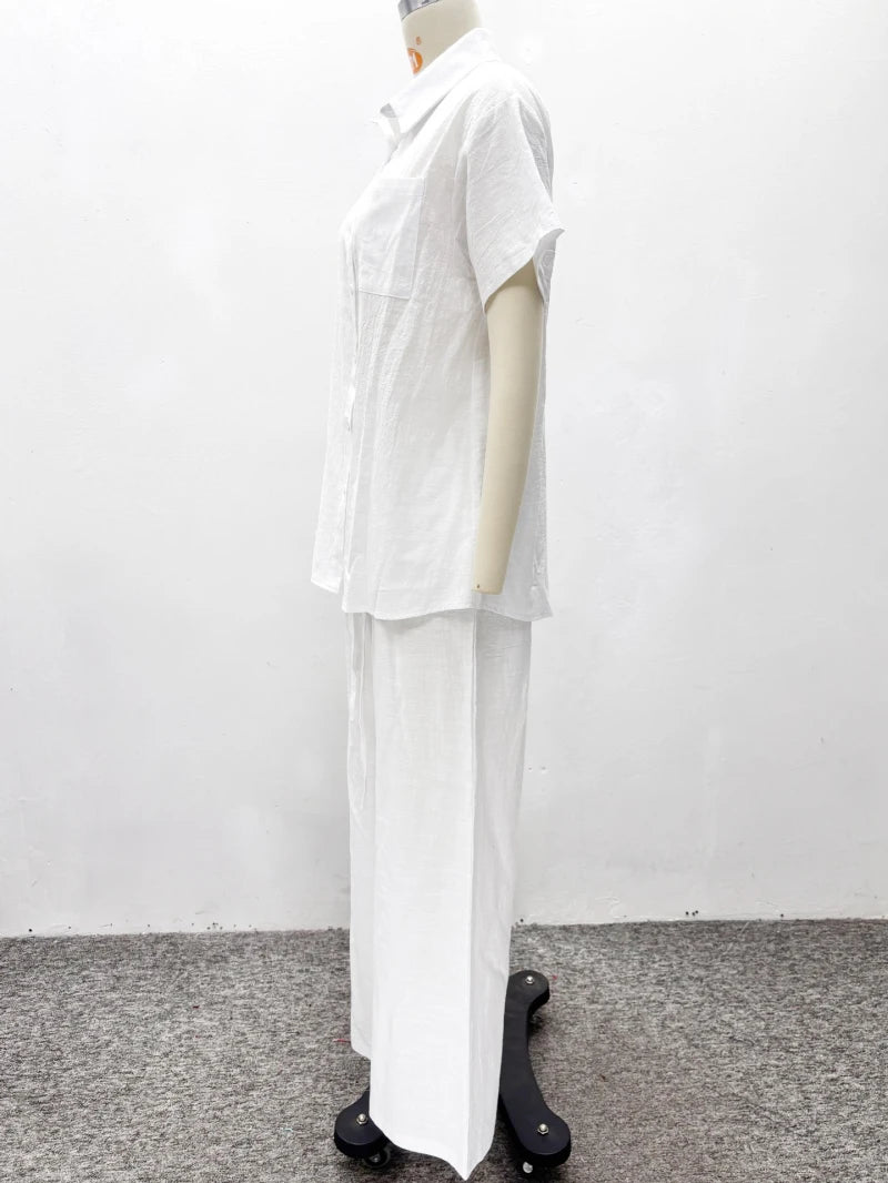 African Fashion Casual Solid Women Pant Sets Two Pieces Matching Set Short Sleeves Loose Shirt Elastic Waist Pants Set
