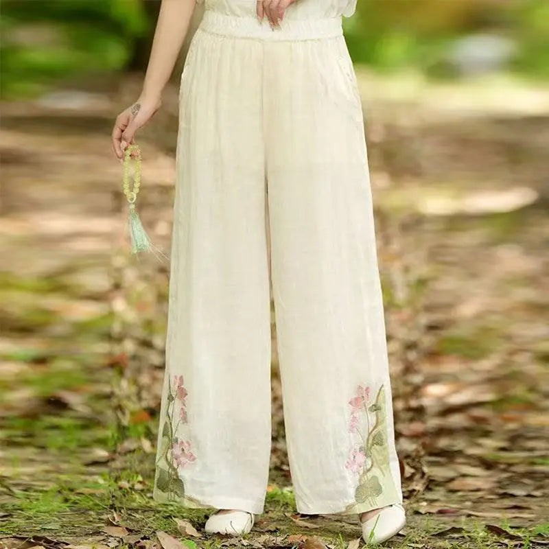 Chinese Style Vintage Embroidery Casual Trousers Women Summer Pants Literature Art National Style Retro Embroidery Bottoms