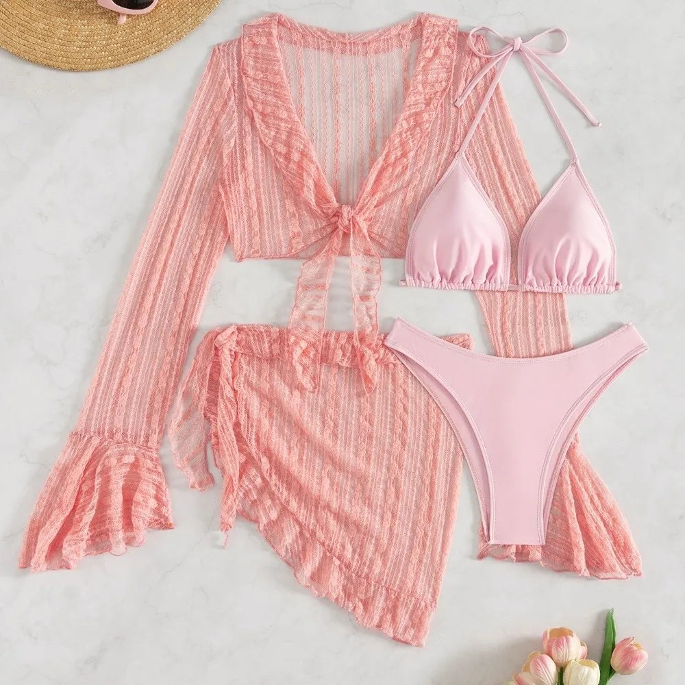 4Pcs/Set Fashion Summer Women Swimsuit Long-sleeve Party Cover-up Swimwear Vacation Casual Brazilian Beachwear for Women