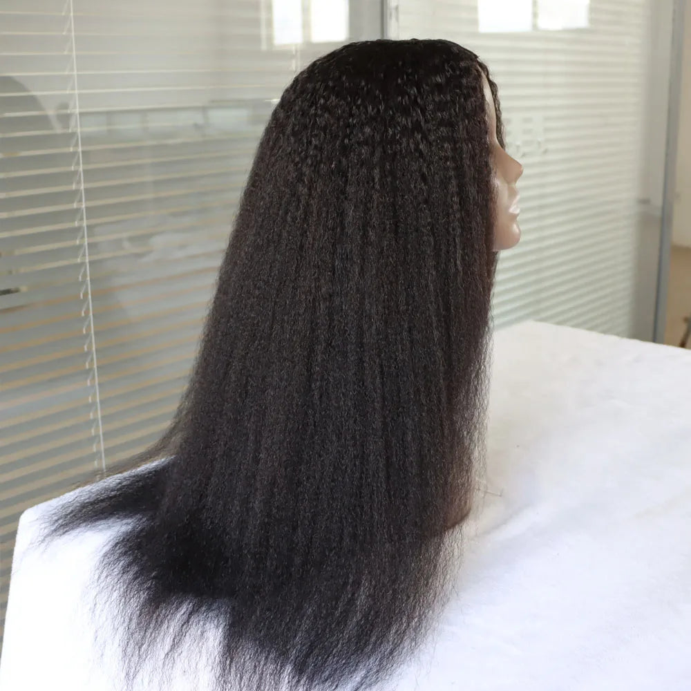 Jet Black #1 and #1B Virgin Remy Indian Human Hair Wig Kinky Straight Coarse Yaki 1x4' V/U Part Real Hair U Wig for Black Women