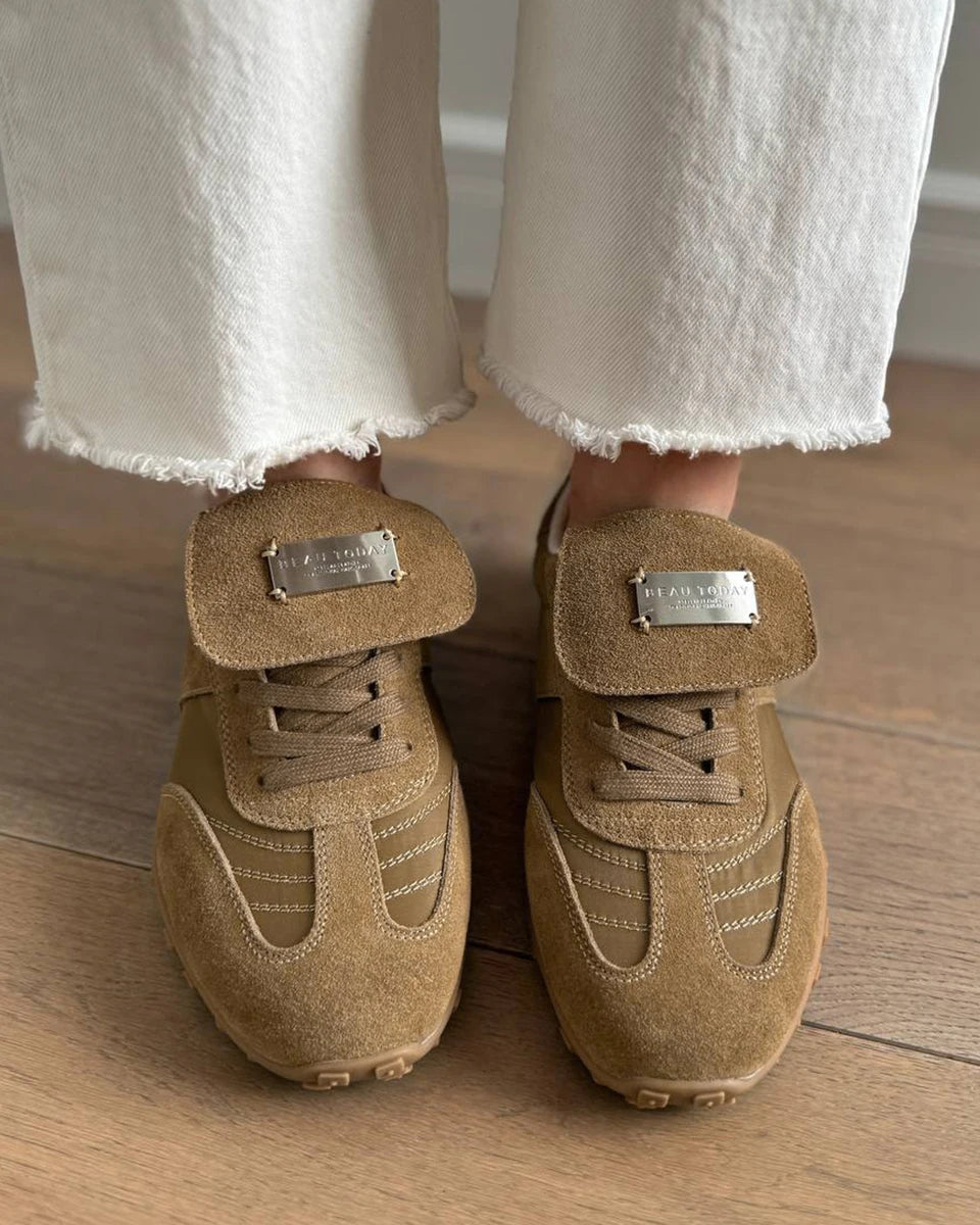 BEAUTODAY Fashion Trainers Women Cow Suede Sneakers Metal Buckle Leather Flats Lace Up Female Casual Shoes Handmade 29897