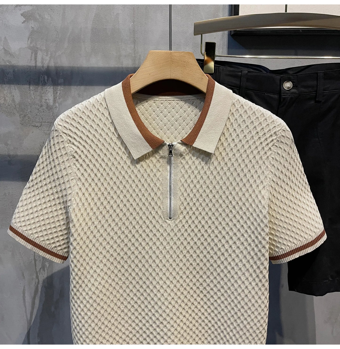 2026 Men's Casual V-Neck Knitted Jacquard Polo Shirt Solid Color Short Sleeve Solid Color Shirt Breathable Luxury Clothing B24