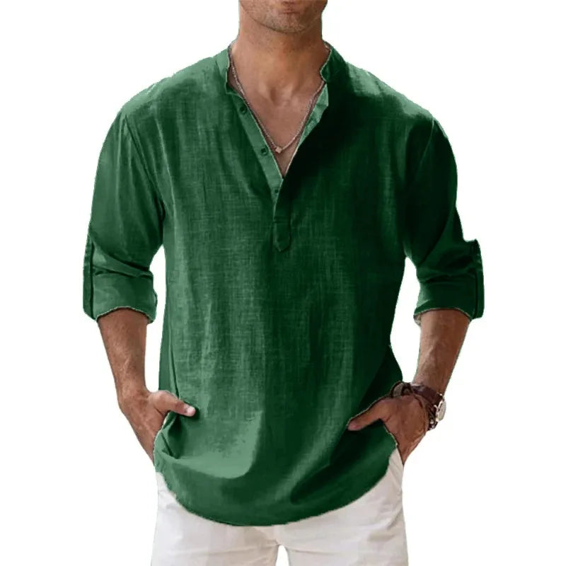 New Men Casual Shirts Lightweight Long Sleeve Henley Cotton Shirts for Beach Linen Shirts Hawaiian Breathable Collar Tops