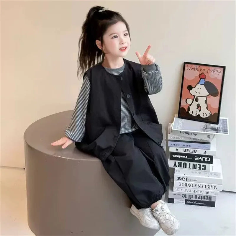 Boys' Fashion Set Spring Girls' Suit Children's Striped Top Vest  Trousers 3Pcs New Kids Casual Loose Outfits Autumn Clothing