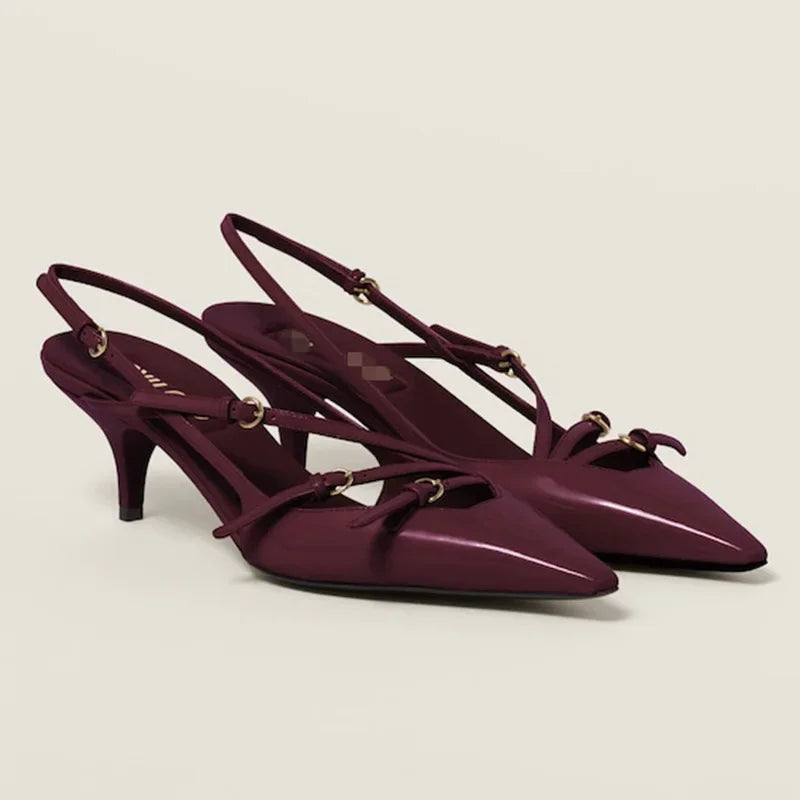 Triple Buckle Sling Back Women Summer Sandals for Women Office Small Square Head High Heels Pointed-toe Back Loop High Heels