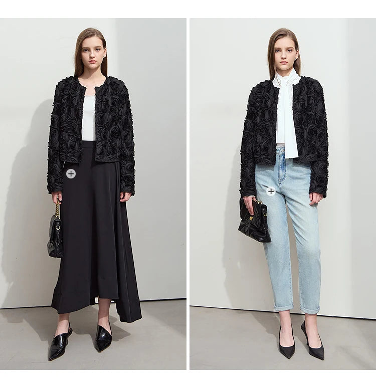 AMII Minimalism Short Jacket Women 2025 Autumn New Elegant Romantic Stereoscopic Flower O-Neck Hook Button Outwear Coat 12521066