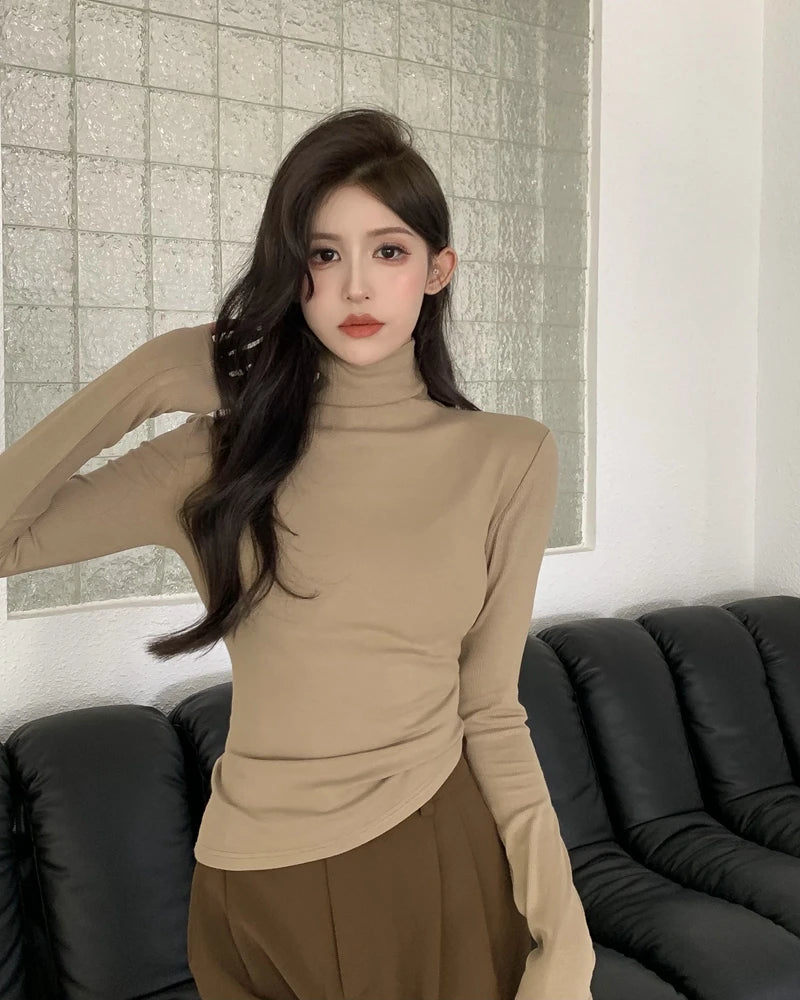 Warm Fce Lined High Collar Long Sve Base irt Women's Faionable Retro Versatile High Ne Base irt Trendy Commute ...