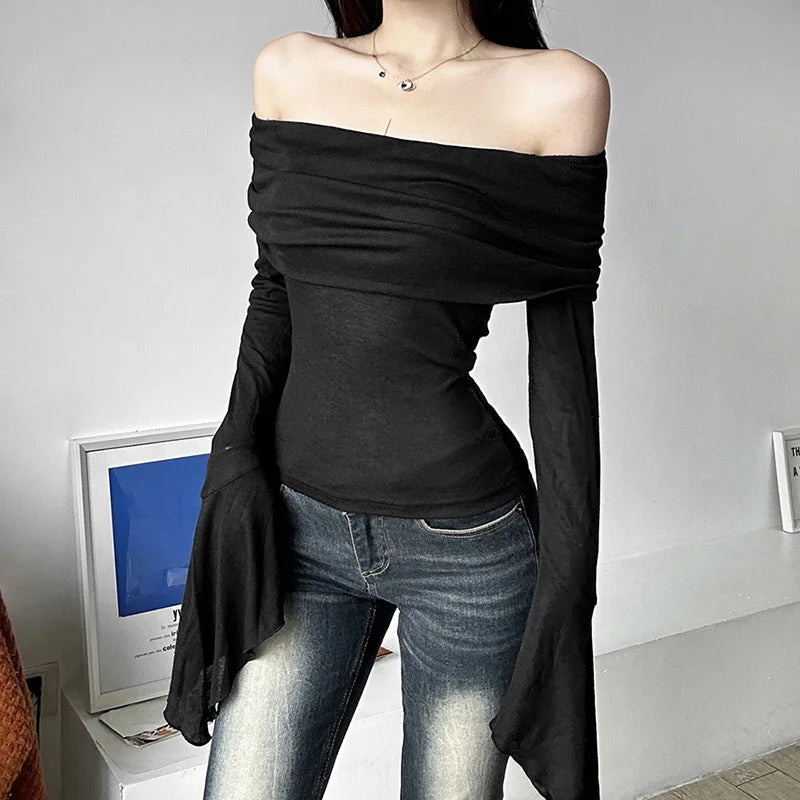 Y2k Aesthetic Women Translucence Tee Shirts Slash Neck Long Sleeve Solid Casual T-Shirts Vintage Off Shoulder Sexy Cute Tshirts