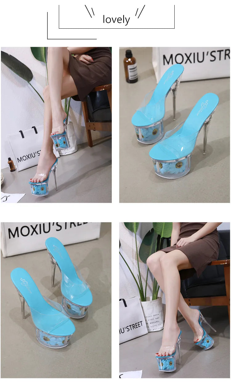 Crystal Transparent Shoes Women 17.5CM Super High Heels Plus Size Nightclub Sandals Clear Thin Heeled Fashion Female Slippers