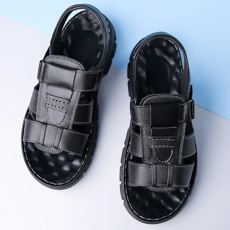 Men's Sandals Adjustable Solid Color Shoes Summer Casual Comfort with Durable Rubber Sole, Breathable PU for Outdoor Walking