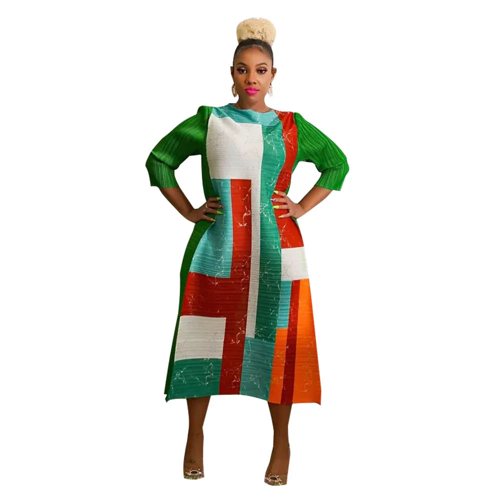 African Dresses for Women Summer Fashion Style African 3/4 Sleeve Polyester O-neck Pleated Dress Dashiki African Clothes Women
