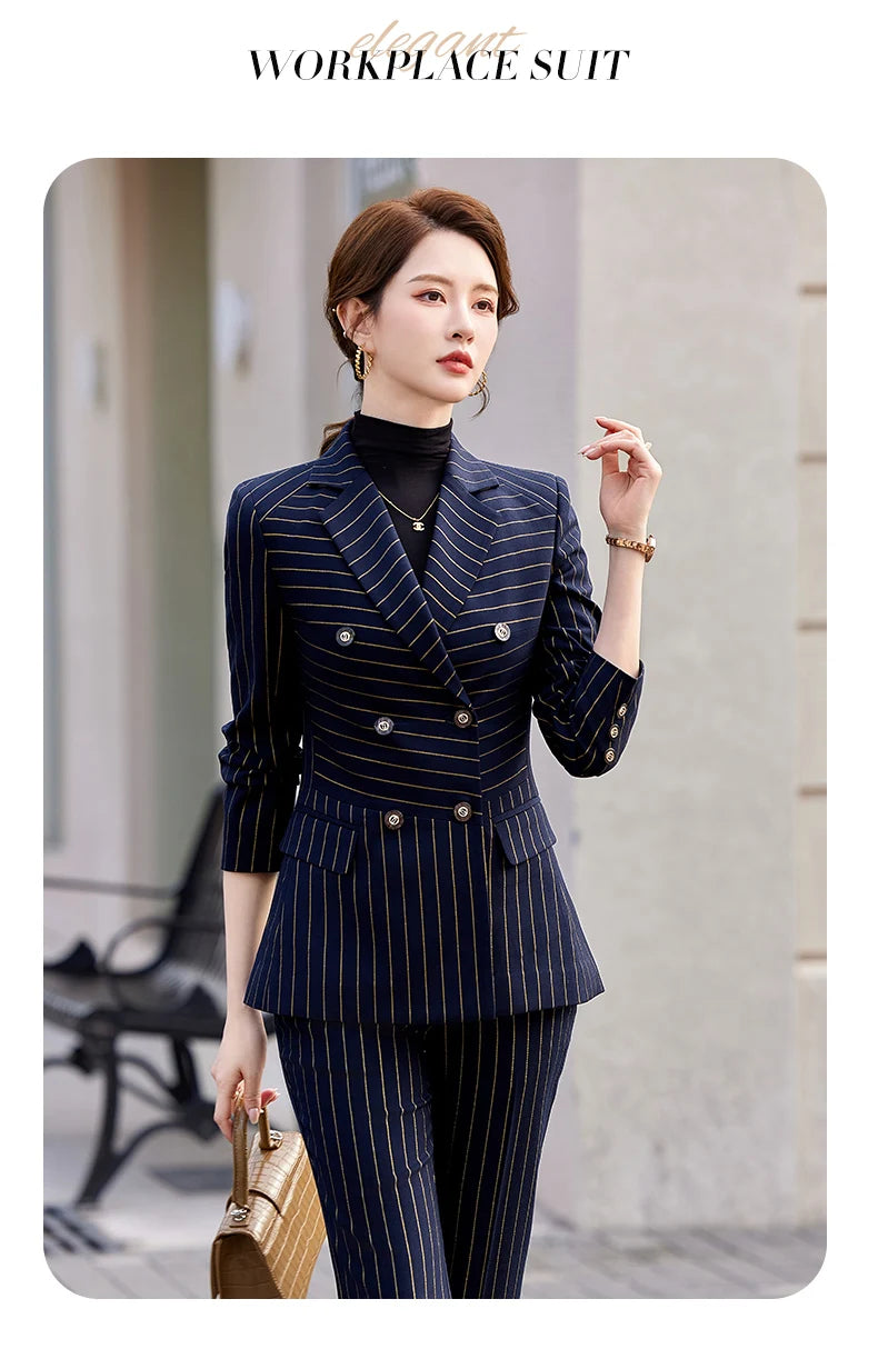 NAVIU Fashion Women Office Ladies Formal Golden stripes Pants Suit Set Female Business Work Wear Blazer Jacket And Trouser
