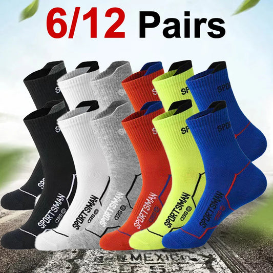 6/12 Pairs Men Mid Length Sports Socks Fashionable Geometric Patterns Breathable Odor Resistant Running Cycling Basketball Socks