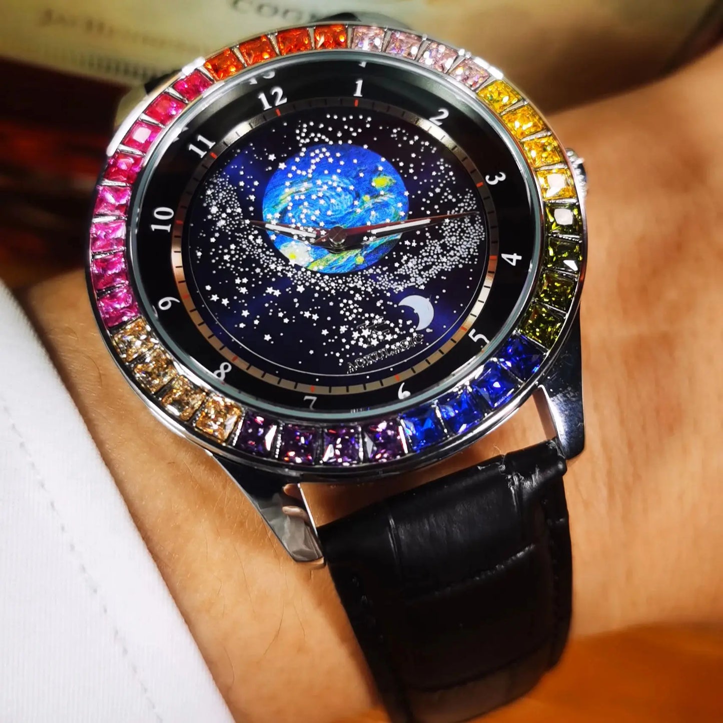 Fashion Starry Sky Luminous Mechanical Watch for Men Leather Steel Strap Luxury Brand Business Automatic Mens Watches AOKULASIC