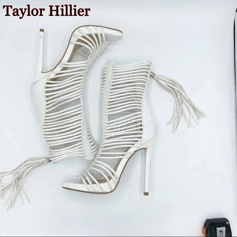 Black Hollow Tassel Mid-Calf Boots Open Toe Stiletto Back Zipper High Heels Sexy Party Plus Size Dress Women'S Sandals Summer 46