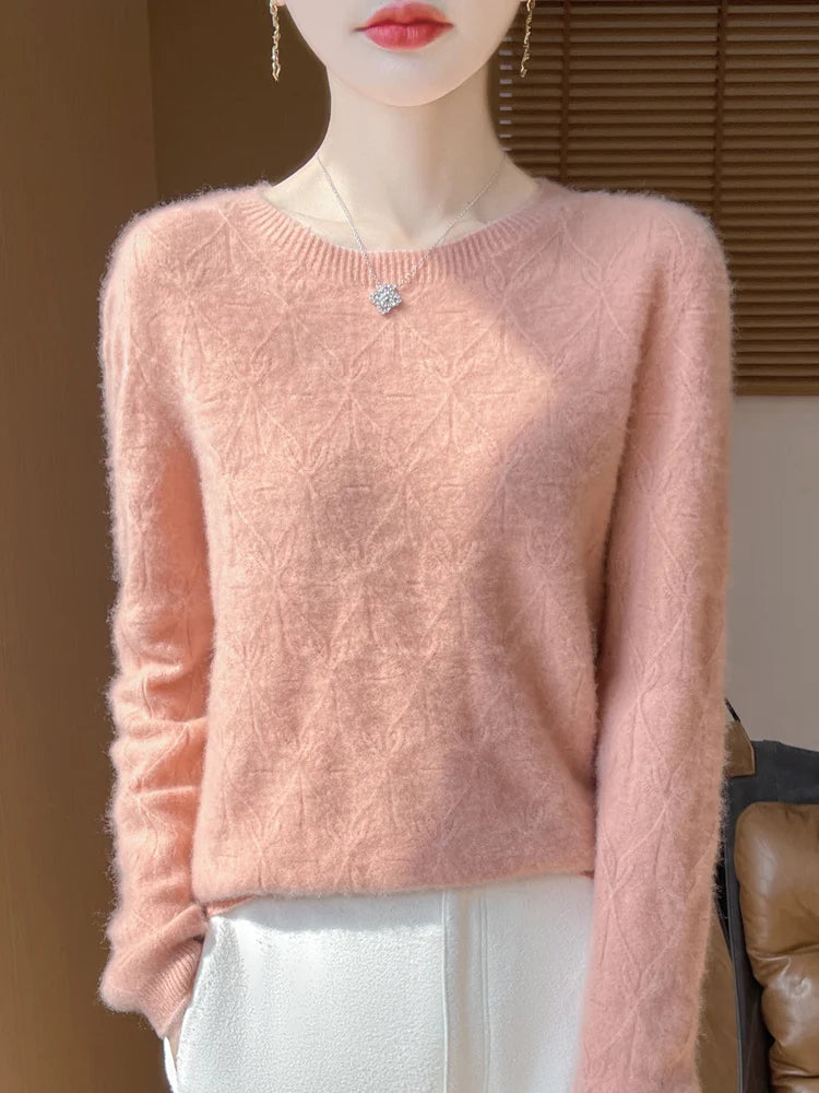 Women 100% Merino Wool Sweater Casual Hollow out Cashmere Blouse O-neck Pullover Tops Autumn Winter Warm Knit Woman Wool Sweater