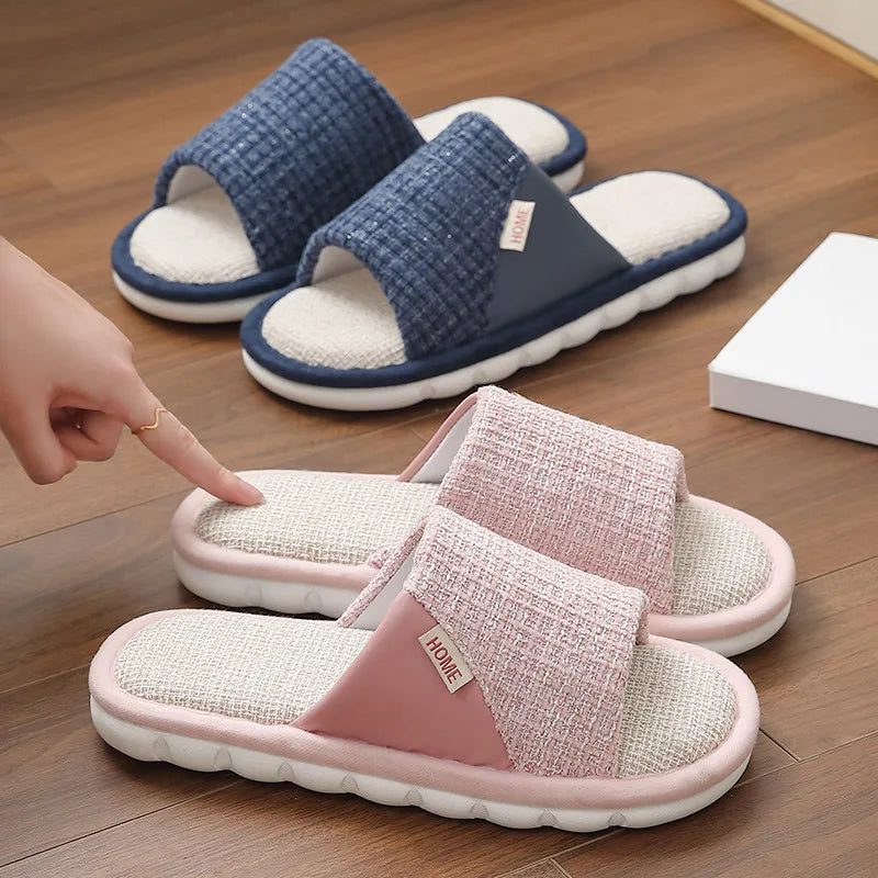Couples Home Linen Slippers Women Indoor Soft Comfortable Bedroom Slides Men Leisure Non Slip House Shoes Platform Cotton Flats