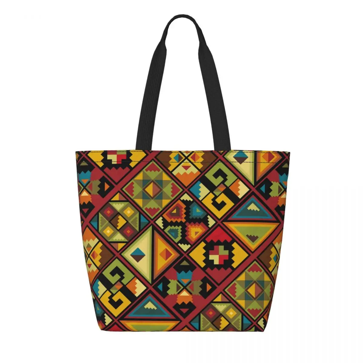African Ankara Prints Grocery Shopping Tote Bags Women Geometric Ethnic Art Canvas Shoulder Shopper Bags Big Capacity Handbag