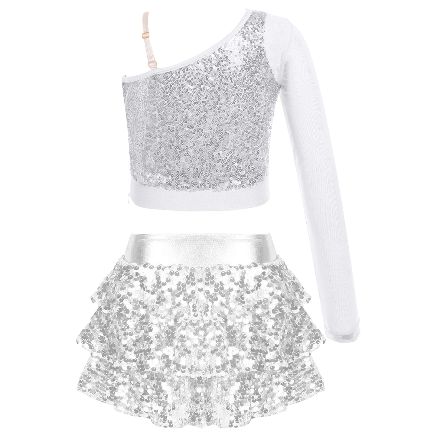 Kids Girls Dance Dresses Latin Jazz Modern Dance Show Costume Sequin Long Sleeve Crop Tops and Skirted Culottes Cheer Dancewear