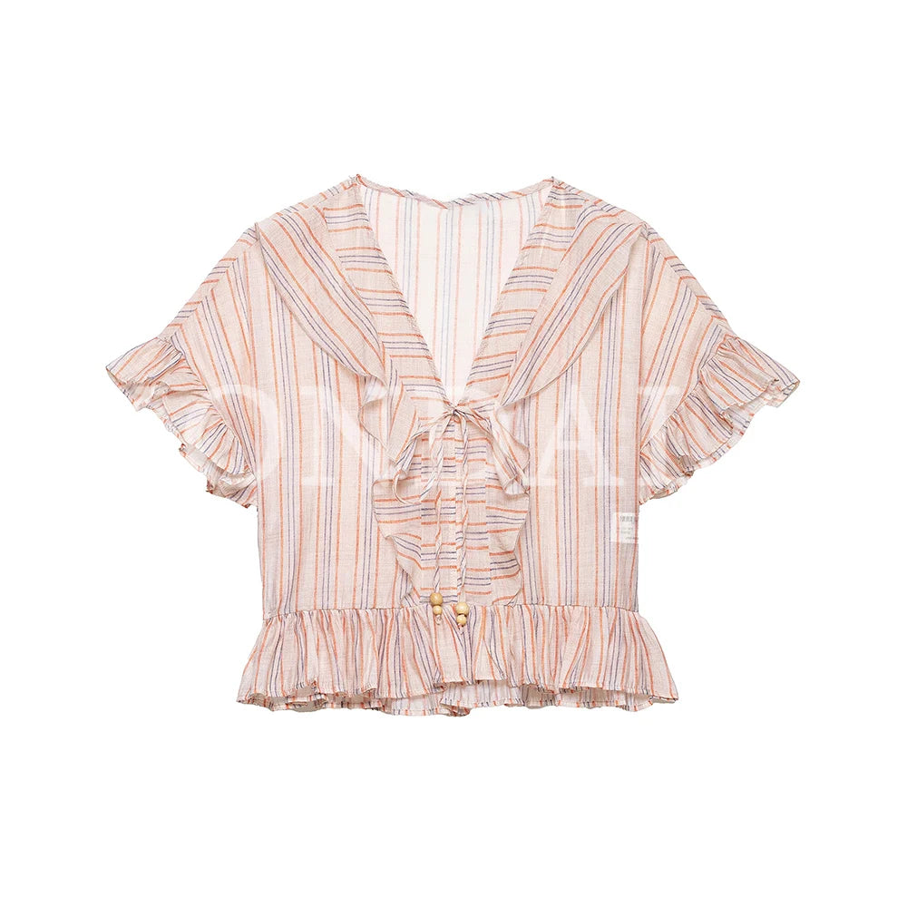 KONDALA Casual Striped Summer Woman Suits Lace-up V-Neck Shirt+ Drawstring Lace Shorts Fashion 2026 Female Elegant Tiered Sets