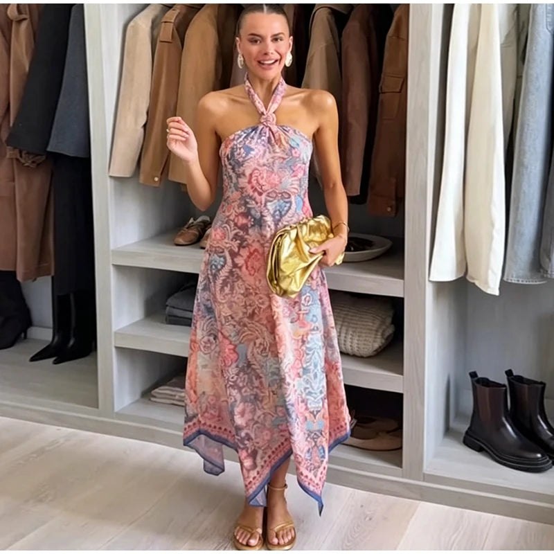 Halter Neck Floral Print Split Set Sleeveless Casual Top Tropical Wrap Slit Maxi Skirt 2026 Summer Bohemian Holiday Women Outfit
