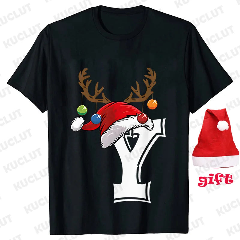 Funny Christmas Party Tshirt Fashion Women T Shirt Tops Short Sleeves T-shirt 26 A~Z Alphabet Casual Tees with Santa Hat Gift