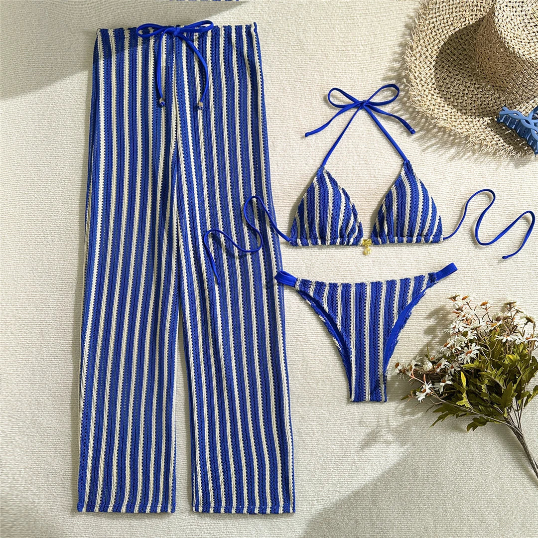 With Pants Striped Halter Bikini Female Swimsuit Women Swimwear Three-pieces Bikini set Brazilian Bather Bathing Suit Swim SW773