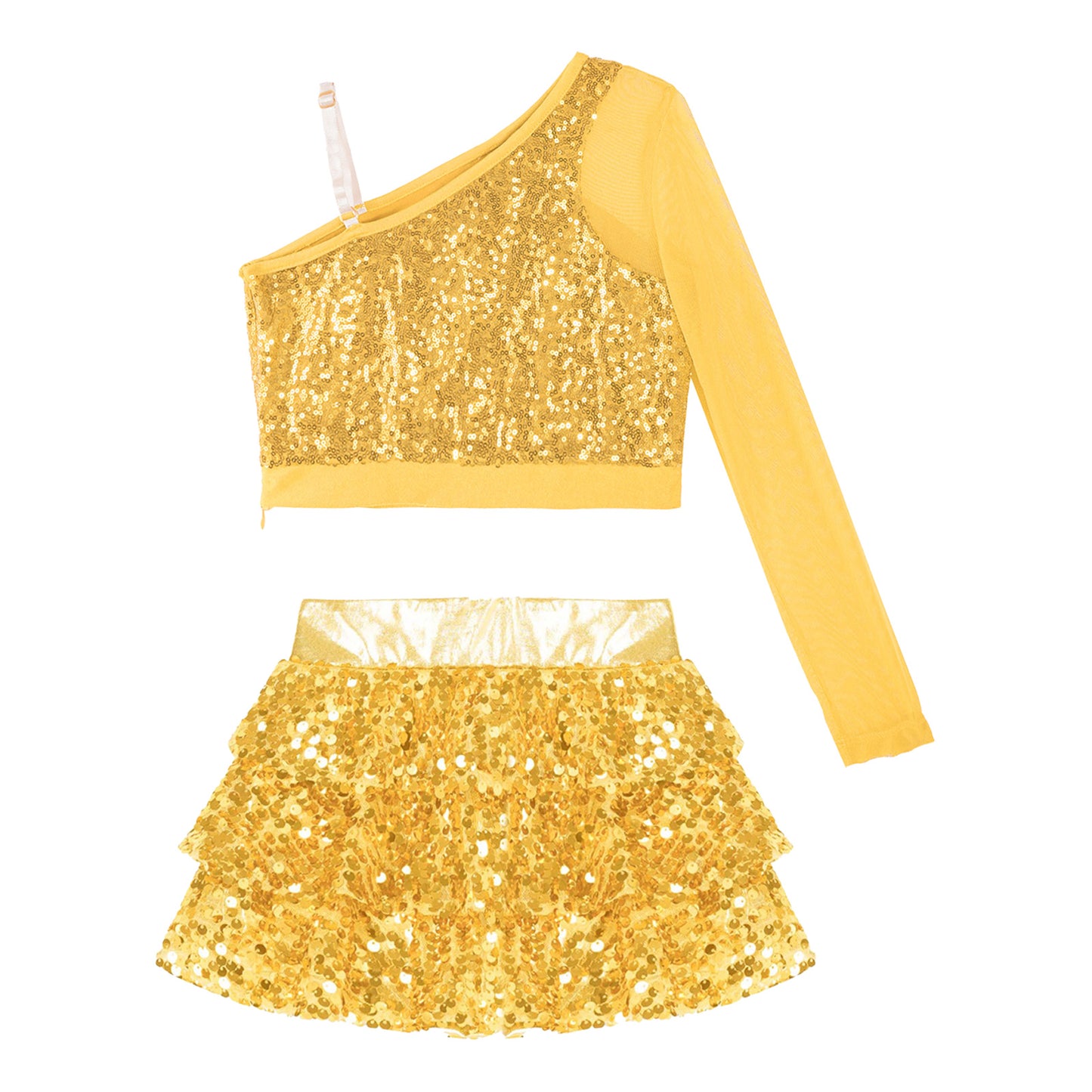 Kids Girls Dance Dresses Latin Jazz Modern Dance Show Costume Sequin Long Sleeve Crop Tops and Skirted Culottes Cheer Dancewear