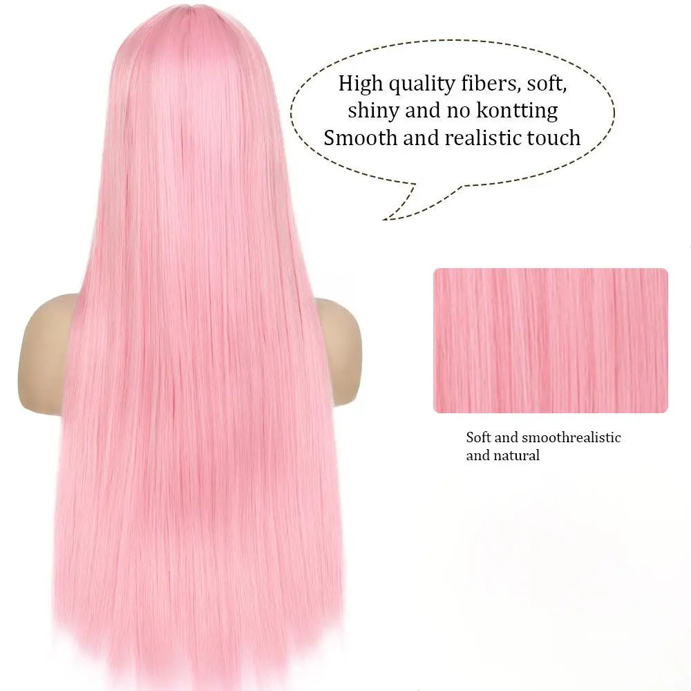New light pink synthetic wig for long straight hair for party, Halloween cosplay, daily use, high-temperature hair accessory