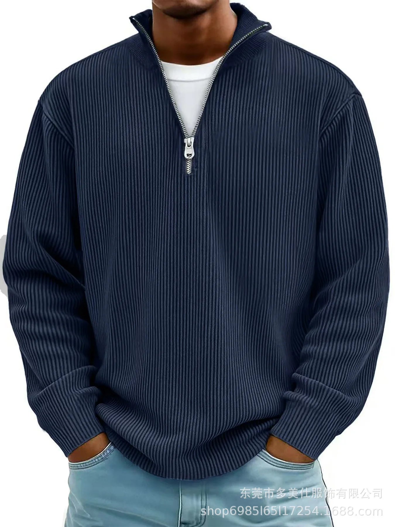 autumn/winter new men's fashion versatile casual stand up collar half zipper design corduroy long sleeved polo shirt sweatshirt