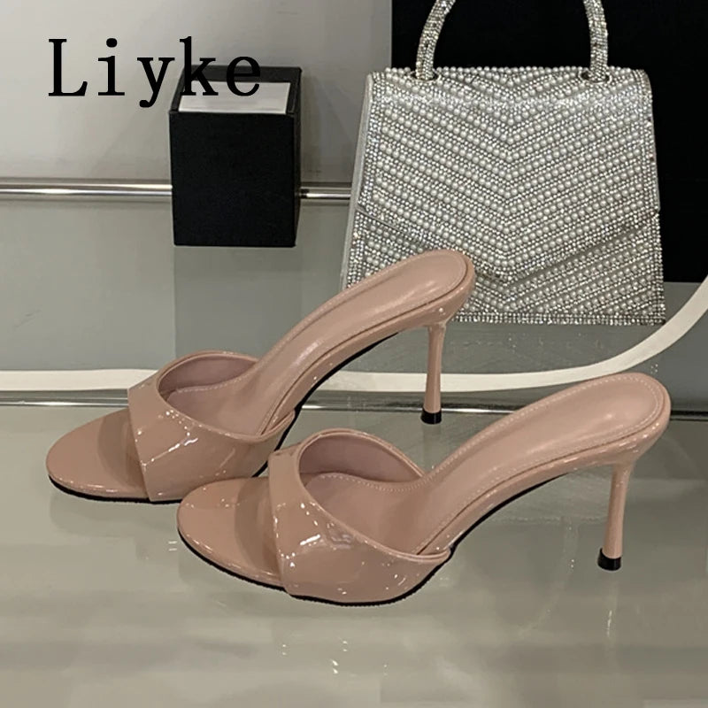 Liyke White Patent Leather Women Slippers Sandals Fashion Round Open Toe Thin High Heels Mules Slides Summer Party Dress Shoes