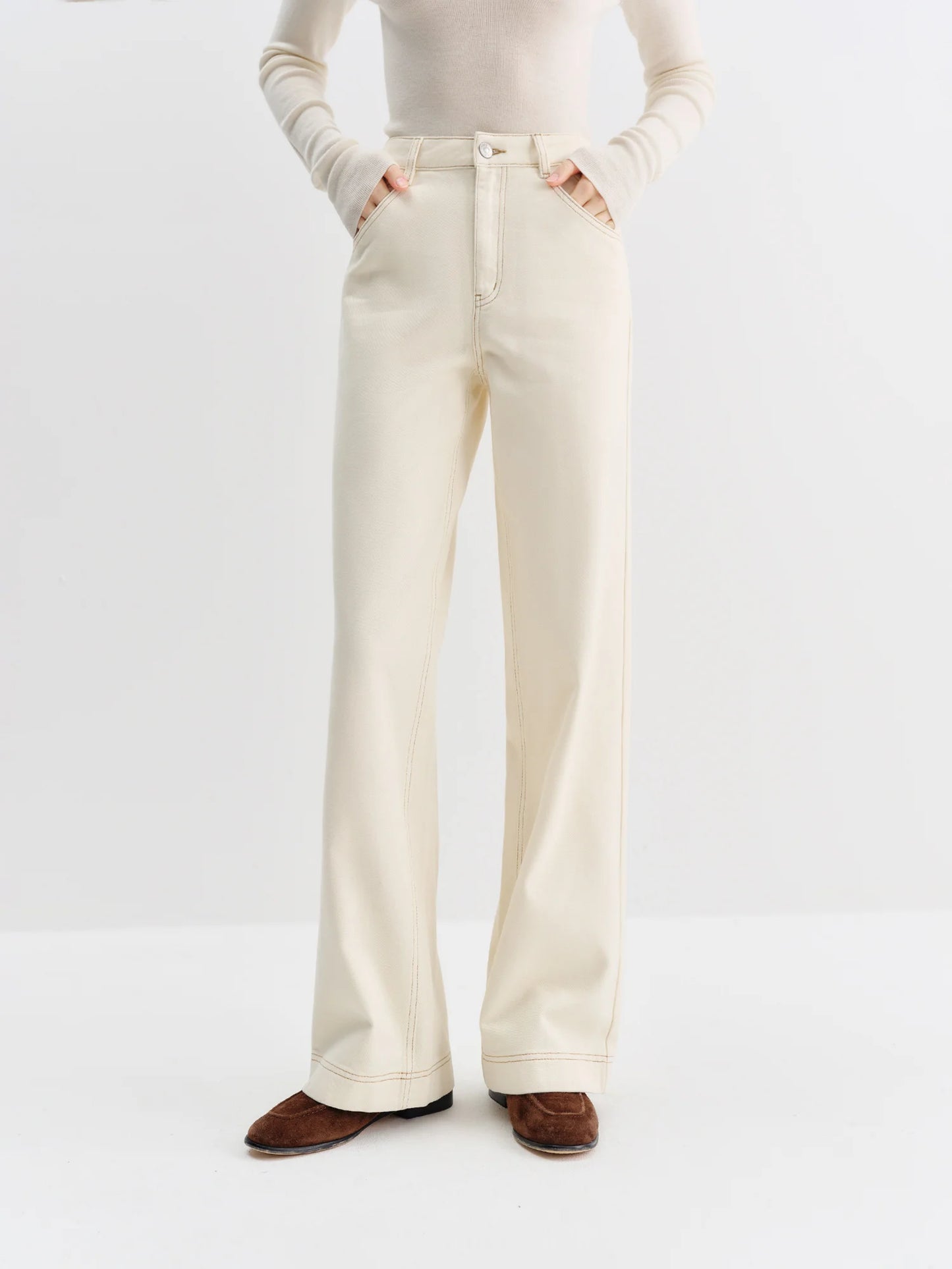 FSLE Straight High Waist Jeans for Women Winter Solid Simple All-match 2025 New Long and Short Versatile Pants Korean Style