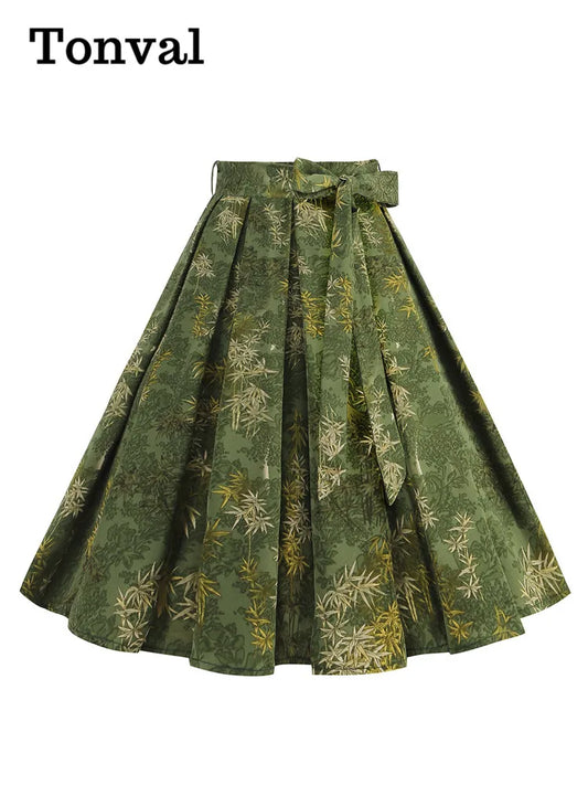 Tonval Green Botanical Print Pleated Skirts for Women 2024 Belted Knee Length Vintage Style 50s Skirt