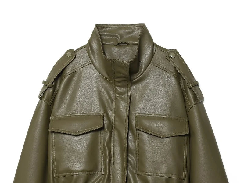 Mujer Faux Leather Cropped Bomber Jacket For Women Zipper Front Coat