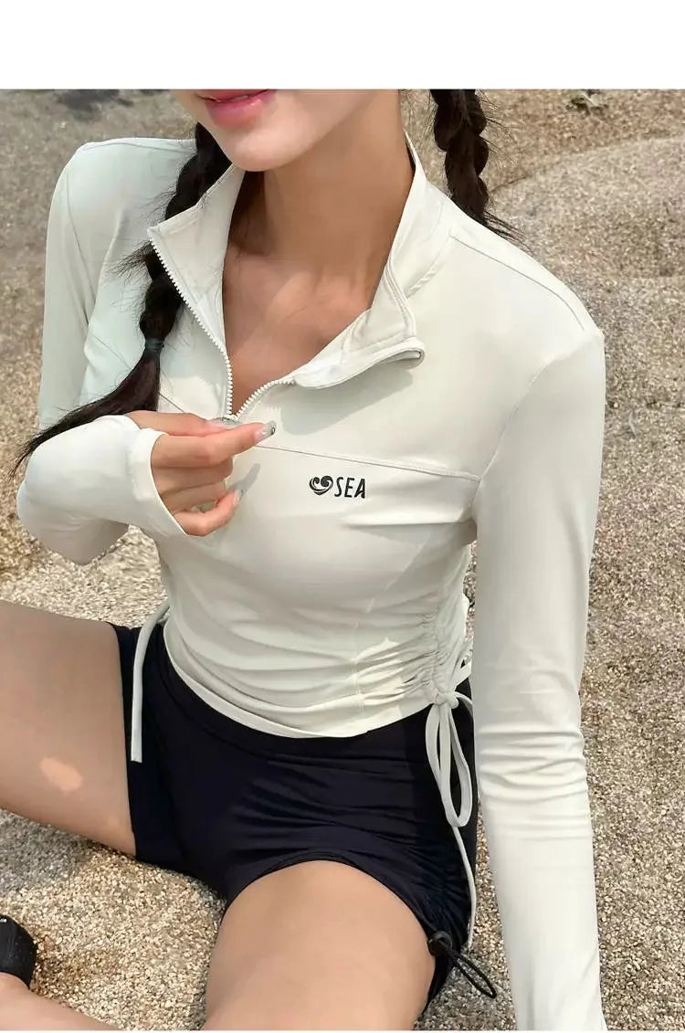 Swimwear Sports Style Long Sleeved Sunscreen Fashion Two-piece Set Women Conservative Slimming Effect Drawstring Flat Corner