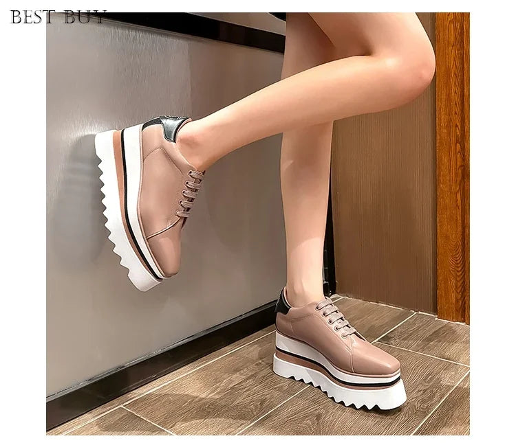 New beige Women Platform Casual Shoes 2024 Spring Black Casual Chunky Sneakers Women Real Leather White Height Increasing Shoes