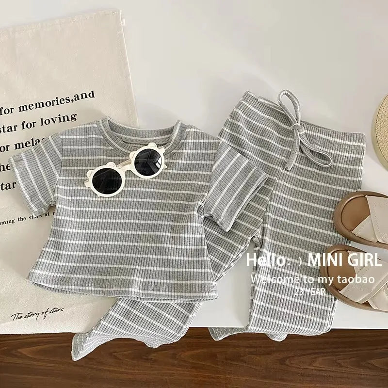 Summer Girls Sets Children's Fashion Striped Suit Kids Short-Sleeved Round Neck Top Trousers 2Pcs Bew Casual Clothing Outfit
