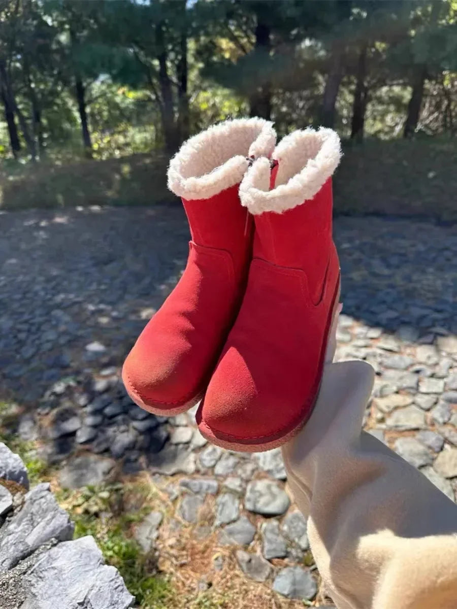 Careaymade-Genuine cow leather Snow cotton round head flats woolen short boots plush warm snow boots Oversized shoes size 35-43