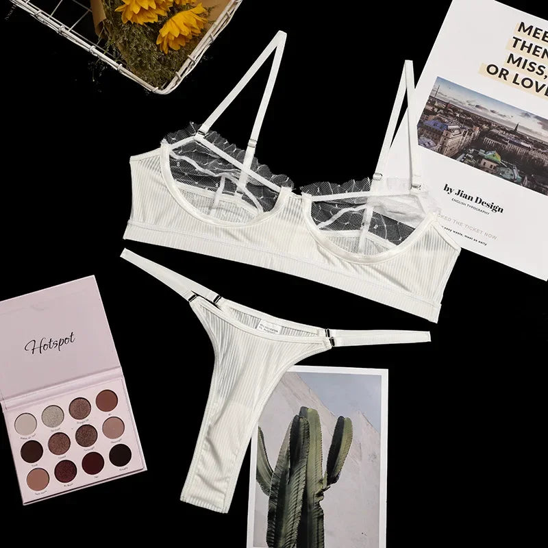 Sexy Fashion Transparent Lace Underwear Set Erotic Lingerie Women's Steel Ring Bra Panties 2-piece Set Sexy Hollow Pajamas Set