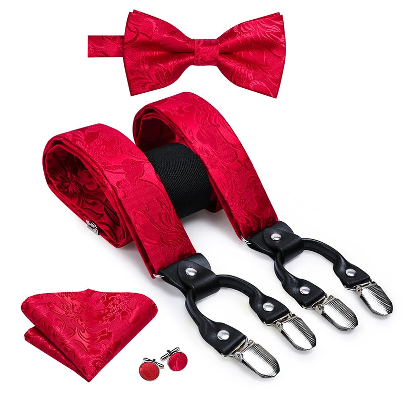 Hi-Tie Silk Adult Men's suspenders Set Leather Metal 6 Clips Braces Gold Brown Floral Vintage Men Fashion Wedding Suspenders Men BAZAARHUBO