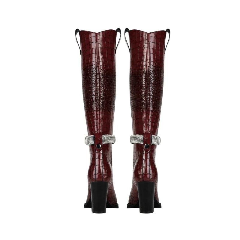 Kaky's New Water Diamond Pointed Thick High Heels Oversized Women's Boots Long Boots High Barrel Boots Western Boots 44 45 46