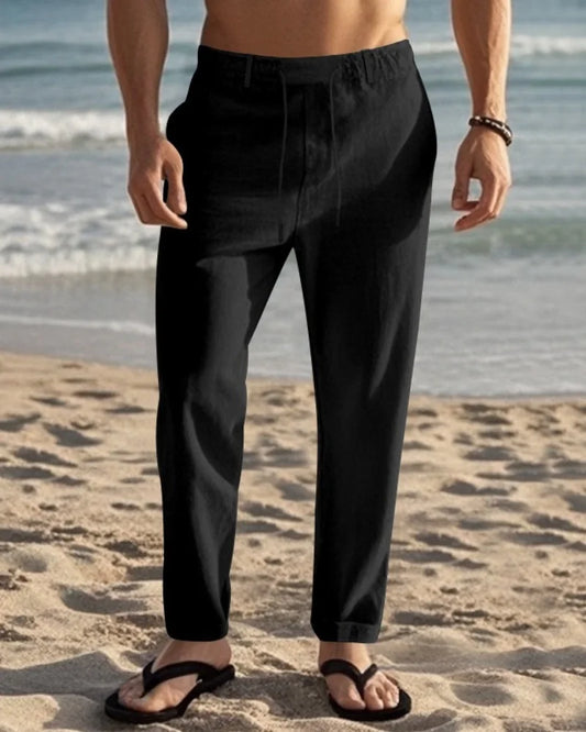 Men's Cotton Linen Solid Color Casual Pants with Elastic Waist Street Wear Jogging Loose Sports Pants
