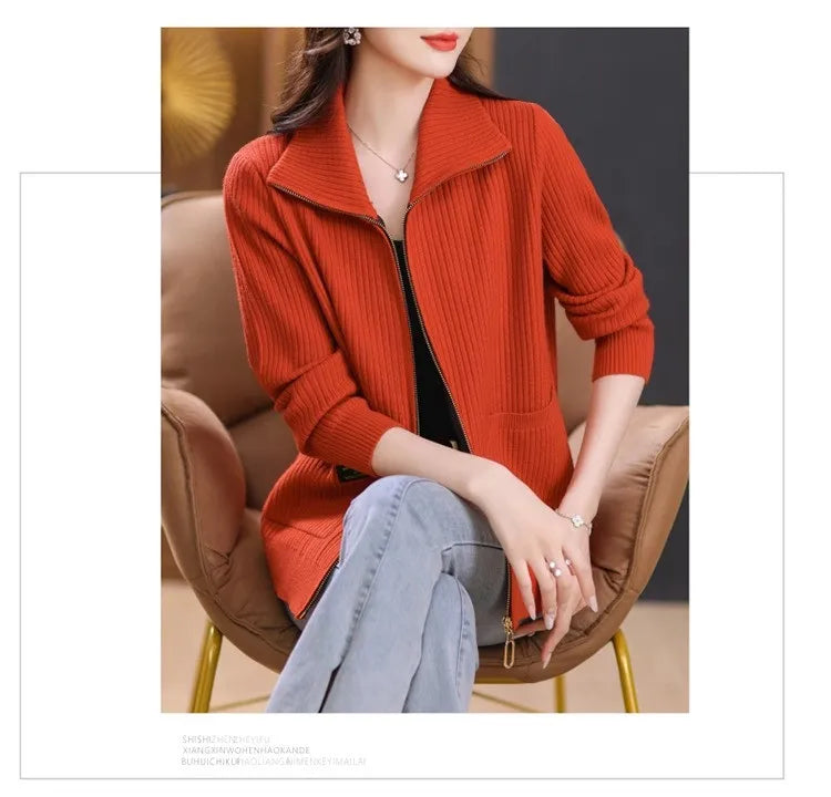 Knitted Cardigan Jacket Women Zipper Lapel Sweater Autumn Winter Outerwear