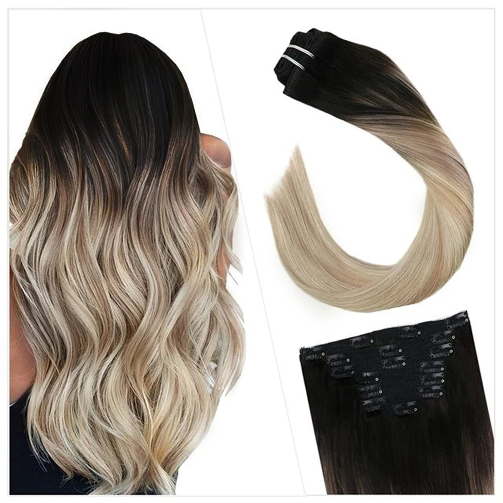 Ugeat Clip In Human Hair Extensions Blonde Color Seamless Invisible Full Head Balayage Soft Remy Hair Extensions For Salon