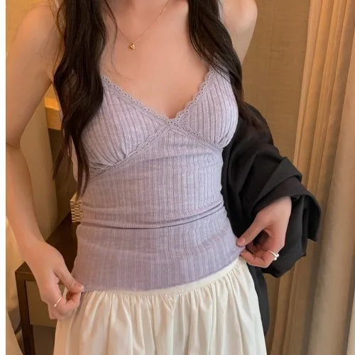 V Neck Ribbed Lace Cami Top Backless Strappy Vest with Built-in Bra Slim Fit Tank Summer Layering Undershirt Sexy Going Out Top