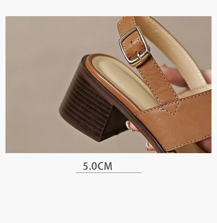 2025 Summer Women Shoes Square Toe Chunky Heel Women Sandals High Heels Ladies Shoes Casual Leather Shoes Women Genuine Leather